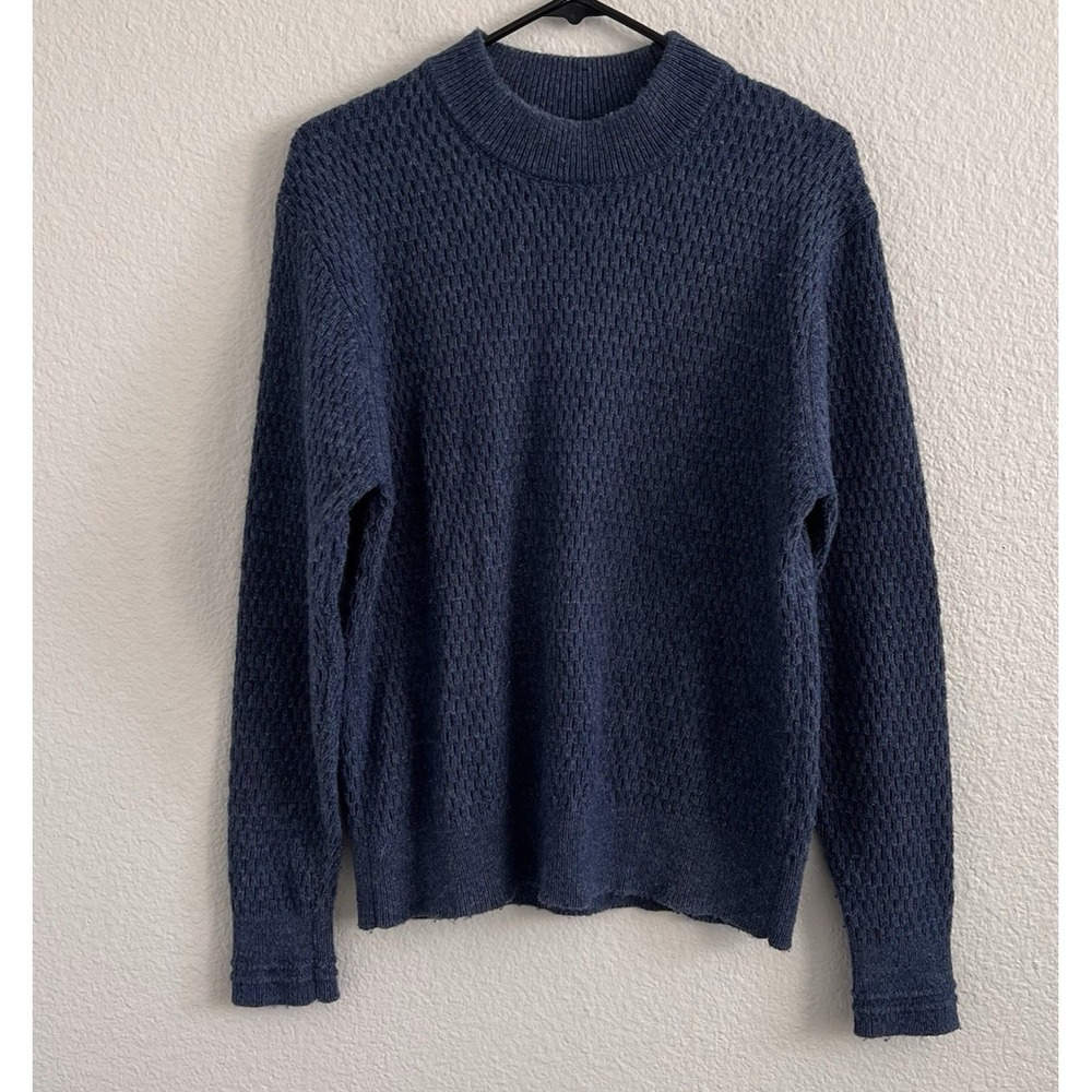 Line Of Trade Men's Sweater Large Blue Crewneck Waffle Chunky Knit Wool Blend
